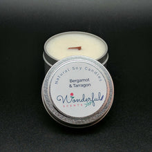 Load image into Gallery viewer, 4 oz Soy Wax Travel Tin Bergamot and Tarragon Candles With Wood Wick