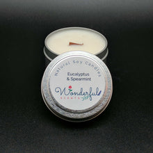 Load image into Gallery viewer, 4 oz Soy Wax Travel Tin Eucalyptus and Spearmint Candles With Wood Wick