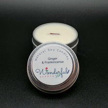 Load image into Gallery viewer, 4 oz Soy Wax Travel Tin Ginger and Frankincense Candles With Wood Wick