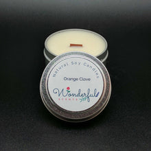 Load image into Gallery viewer, 4 oz Soy Wax Travel Tin Orange Clove Candles With Wood Wick