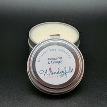 Load image into Gallery viewer, 6 oz Soy Wax Travel Tin Bergamot and Tarragon Candles With Wood Wick