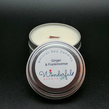 Load image into Gallery viewer, 6 oz Soy Wax Travel Tin Ginger and Frankincense Candles With Wood Wick
