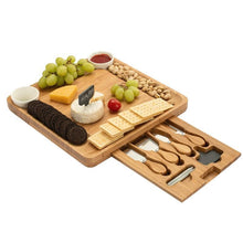 Load image into Gallery viewer, Slate Centerpiece Wood Charcuterie Platter Serving Meat Board with Slide-Out Drawer with 4 Stainless Steel Cheese Knife Set For Cook Lovers