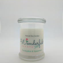 Load image into Gallery viewer, 8 oz Eucaluptus Spearmint Soy Wax Candle with Wood Wick Status Jar