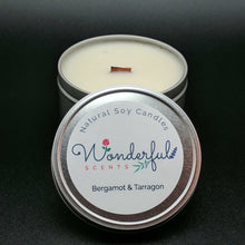Load image into Gallery viewer, 8 oz Soy Wax Travel Tin Bergamot and Tarragon Candles With Wood Wick
