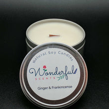 Load image into Gallery viewer, 8 oz Soy Wax Travel Tin Ginger and Frankincense Candles With Wood Wick