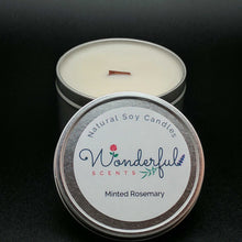 Load image into Gallery viewer, 8 oz Soy Wax Travel Tin Minted Rosemary Candles With Wood Wick