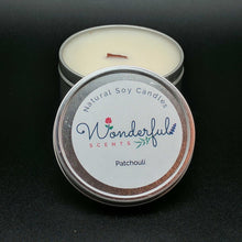 Load image into Gallery viewer, 8 oz Soy Wax Travel Tin Patchouli Candles With Wood Wick