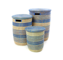 Load image into Gallery viewer, Set of Three Blue Striped Handwoven Cattail Bath Hamper Storage Baskets, Fair Trade - Give Back Goods