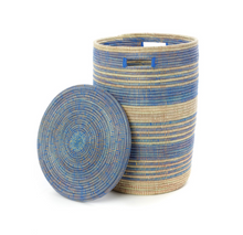 Load image into Gallery viewer, Set of Three Blue Striped Handwoven Cattail Bath Hamper Storage Baskets, Fair Trade - Give Back Goods