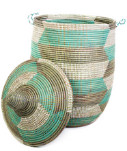 Load image into Gallery viewer, Prayer Mat Hamper Storage Basket, Fair Trade, Eco Friendly, Aqua, Silver and White - Give Back Goods