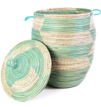 Load image into Gallery viewer, Handwoven Hamper Storage Basket, Aqua & White, Fair Trade, Eco-Friendly - Give Back Goods