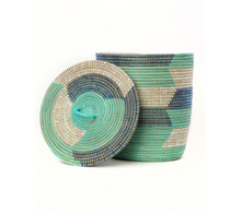 Load image into Gallery viewer, Set of Three Handwoven Cattail Blue & Green Hamper Baskets, Fair Trade - Give Back Goods