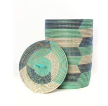 Load image into Gallery viewer, Set of Three Handwoven Cattail Blue & Green Hamper Baskets, Fair Trade - Give Back Goods
