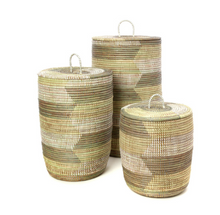 Load image into Gallery viewer, Set of Three Handwoven Cattail White, Cream & Gray Patterned Hamper Baskets, Fair Trade - Give Back Goods