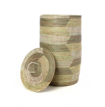 Load image into Gallery viewer, Set of Three Handwoven Cattail White, Cream & Gray Patterned Hamper Baskets, Fair Trade - Give Back Goods