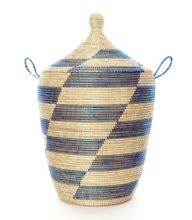 Load image into Gallery viewer, Set of Three Handwoven Cattail Blue & Cream Bath Hamper Baskets, Fair Trade - Give Back Goods