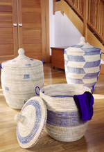 Load image into Gallery viewer, Set of Three Handwoven Cattail Blue & Cream Bath Hamper Baskets, Fair Trade - Give Back Goods