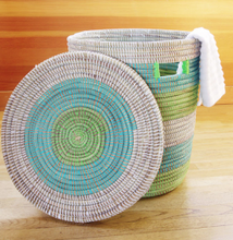 Load image into Gallery viewer, Aqua Green & White Hamper Laundry Storage Basket- Fair Trade, Eco-Friendly - Give Back Goods