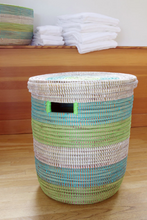 Load image into Gallery viewer, Aqua Green & White Hamper Laundry Storage Basket- Fair Trade, Eco-Friendly - Give Back Goods