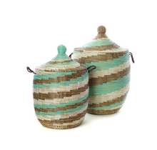 Load image into Gallery viewer, Handwoven Cattail Stalks Hamper Storage Basket, Aqua & Natural Brown, Fair Trade - Give Back Goods