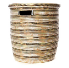 Load image into Gallery viewer, Brown, Silver and White Striped Handwoven Cattail Flat Lid Hamper Basket Decoration For Home Lovers