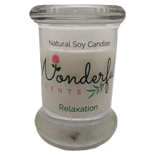 Load image into Gallery viewer, Wonderful Scents 2.75oz Relaxation Status Jar Candle Cotton Wick Glass Lid