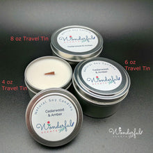 Load image into Gallery viewer, Wonderful Scents Soy Wax Travel Tin Candles With Wood Wick Collection Labeled
