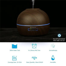 Load image into Gallery viewer, Features of the 300ml Wood Grained Essential Oil Diffuser with 7 Color LED Lights