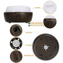 Load image into Gallery viewer, Views of the 300ml Wood Grained Essential Oil Diffuser with 7 Color LED Lights