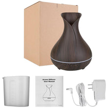 Load image into Gallery viewer, Box Contents for 400ml Dark Wood Grain Vase Style Essential Oil Diffuser