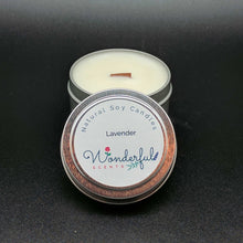 Load image into Gallery viewer, 4 oz Soy Wax Travel Tin Lavender Candles With Wood Wick

