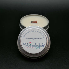 Load image into Gallery viewer, 4 oz Soy Wax Travel Tin Lemongrass Kiwi Candles With Wood Wick

