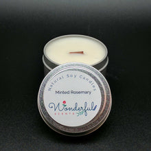 Load image into Gallery viewer, 4 oz Soy Wax Travel Tin Minted Rosemary Candles With Wood Wick
