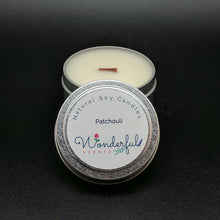Load image into Gallery viewer, 4 oz Soy Wax Travel Tin Patchouli Candles With Wood Wick
