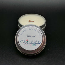 Load image into Gallery viewer, 4 oz Soy Wax Travel Tin Sage Leaf Candles With Wood Wick
