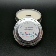 Load image into Gallery viewer, 6 oz Soy Wax Travel Tin Eucalyptus and Spearmint Candles With Wood Wick
