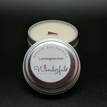 Load image into Gallery viewer, 6 oz Soy Wax Travel Tin Lemongrass Kiwi Candles With Wood Wick
