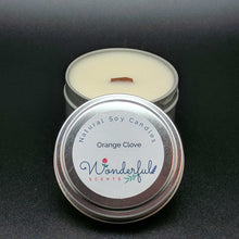 Load image into Gallery viewer, 6 oz Soy Wax Travel Tin Orange Clove Candles With Wood Wick
