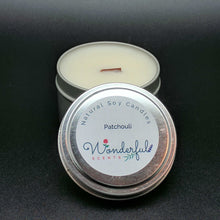 Load image into Gallery viewer, 6 oz Soy Wax Travel Tin Patchouli Candles With Wood Wick
