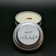 Load image into Gallery viewer, 6 oz Soy Wax Travel Tin Sage Leaf Candles With Wood Wick
