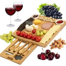 Load image into Gallery viewer, Slate Centerpiece Wood Charcuterie Platter Serving Meat Board with Slide-Out Drawer with 4 Stainless Steel Cheese Knife Set For Cook Lovers
