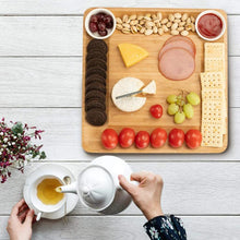 Load image into Gallery viewer, Slate Centerpiece Wood Charcuterie Platter Serving Meat Board with Slide-Out Drawer with 4 Stainless Steel Cheese Knife Set For Cook Lovers
