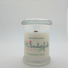 Load image into Gallery viewer, 8 oz Cedarwood and Amber Soy Wax Candle with Wood Wick Status Jar
