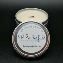 Load image into Gallery viewer, 8 oz Soy Wax Travel Tin Cedarwwod and Amber Candles With Wood Wick
