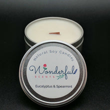 Load image into Gallery viewer, 8 oz Soy Wax Travel Tin Eucalyptus and Spearmint Candles With Wood Wick
