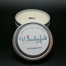 Load image into Gallery viewer, 8 oz Soy Wax Travel Tin Lemongrass Kiwi Candles With Wood Wick
