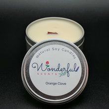 Load image into Gallery viewer, 8 oz Soy Wax Travel Tin Orange Clove Candles With Wood Wick
