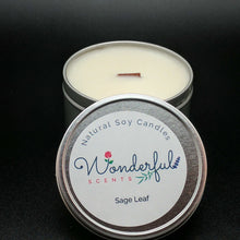 Load image into Gallery viewer, 8 oz Soy Wax Travel Tin Sage Leaf Candles With Wood Wick
