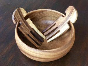 Acacia Wood 10" Calabash Salad Bowl Set with Acacia Salad Hand Servers- Fair Trade and Sustainably Harvested - Give Back Goods